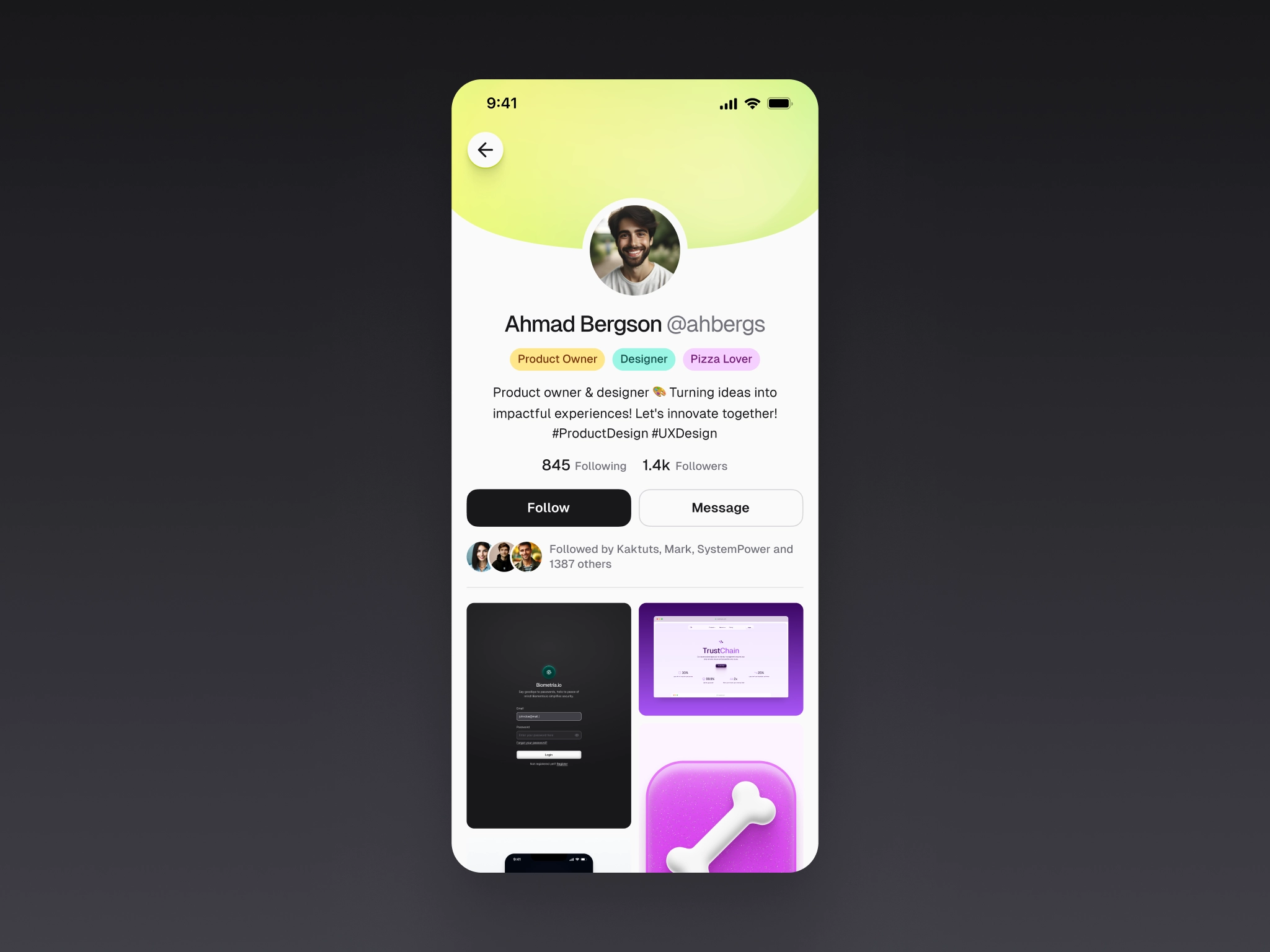 Profile page for a mobile app on a social network